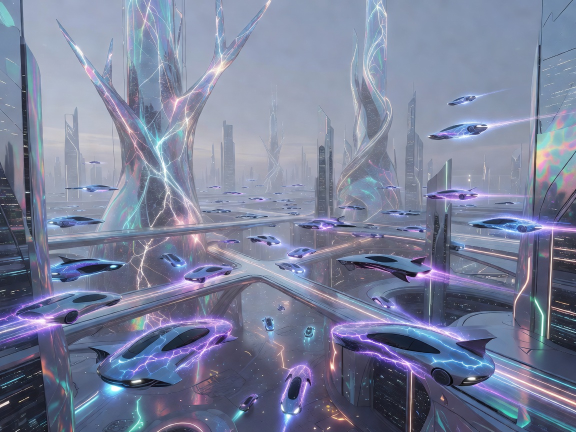 Abstract futuristic cityscape with electric autonomous vehicles