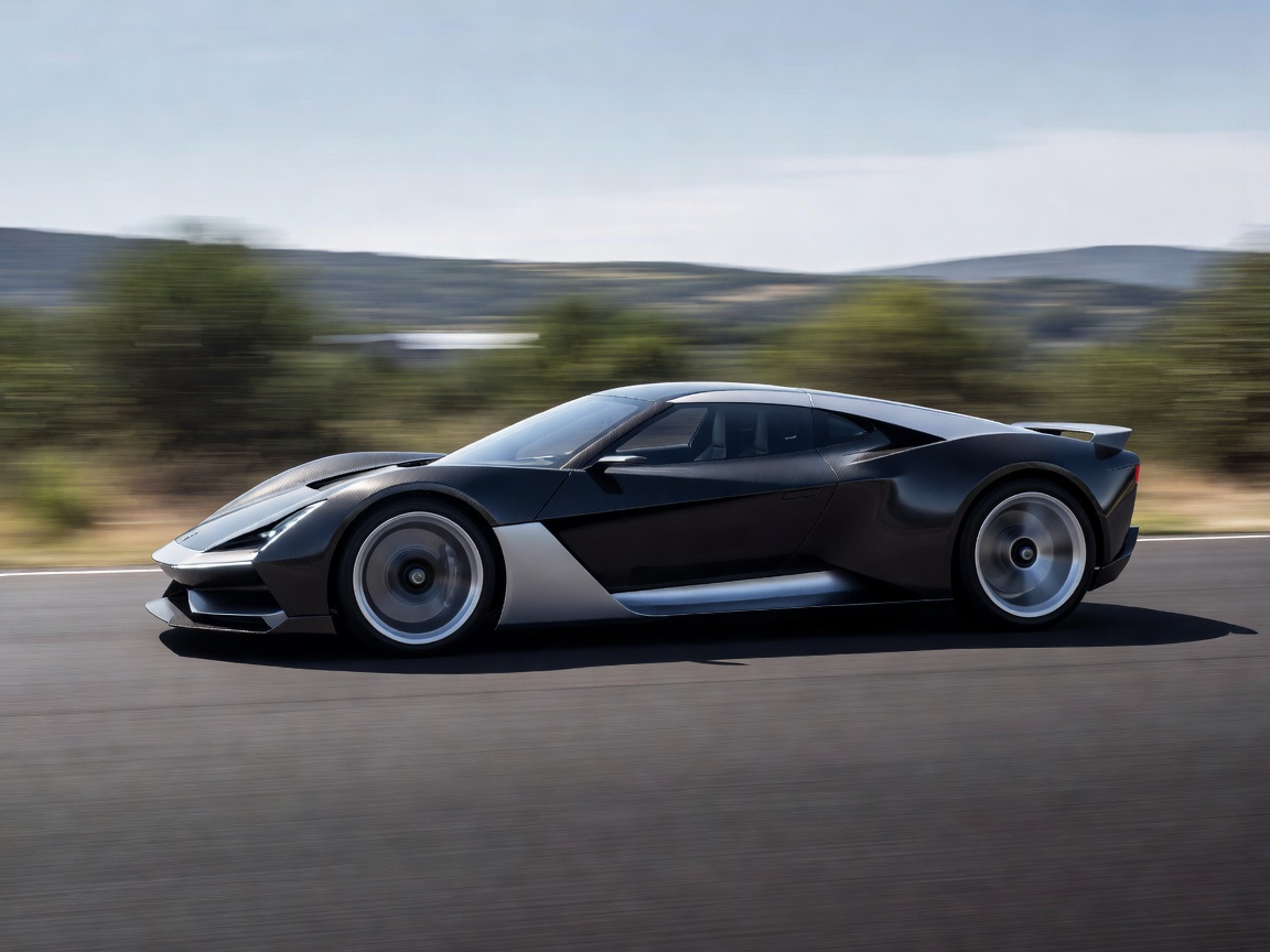 Aerodynamic electric vehicle on a flat smooth road showing motion blur