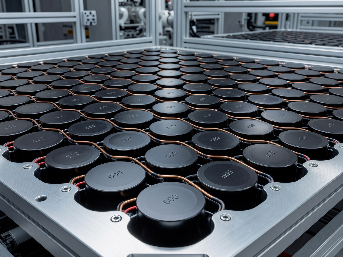 Close-up of modern electric vehicle battery cells in a manufacturing facility