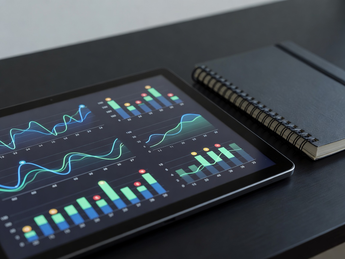 Dashboard display showing energy consumption metrics next to a notebook