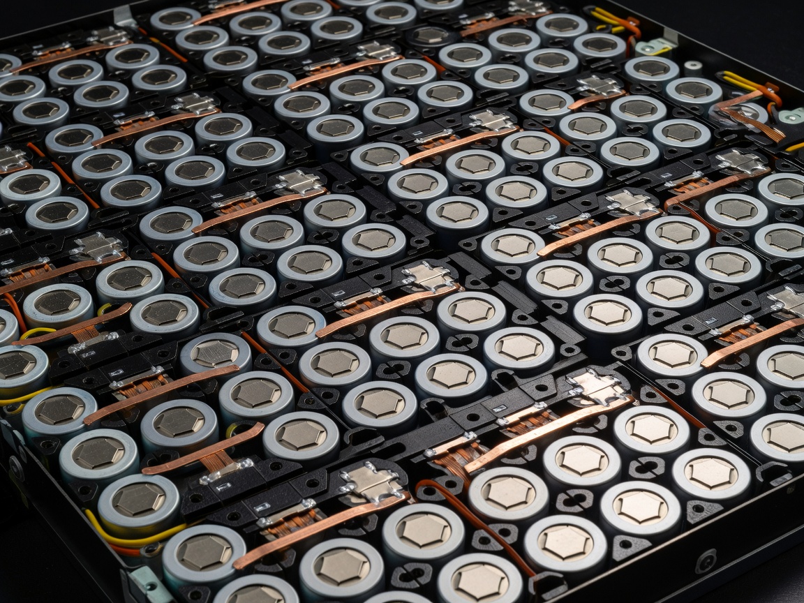 Detailed view of internal battery pack cell structure showing cylindrical modules