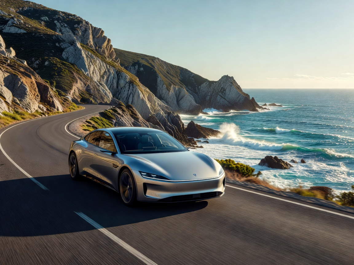 Electric car driving on a scenic coastal highway reflecting efficiency