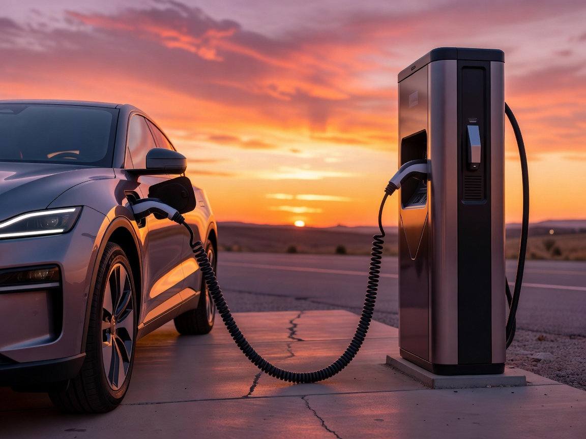 Electric vehicle plugged into a fast charging station at sunset