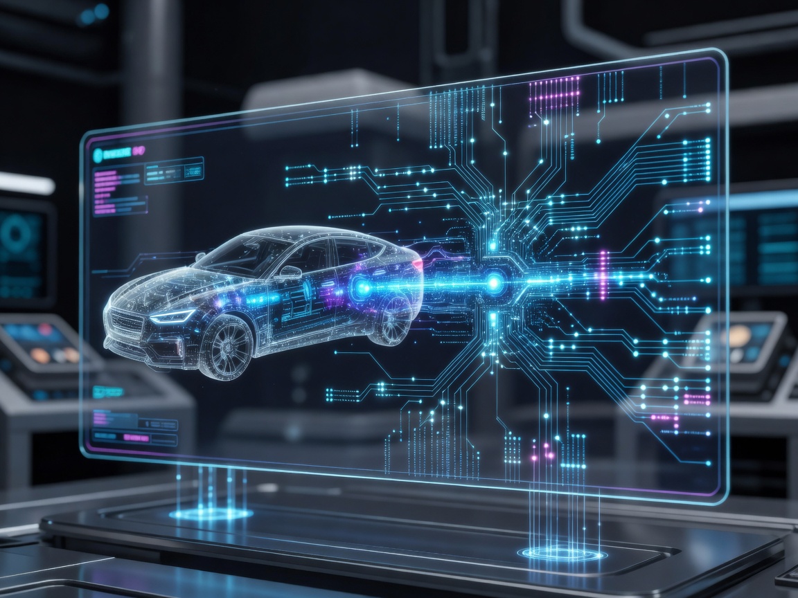Futuristic interface displaying vehicle diagnostics and grid energy flow