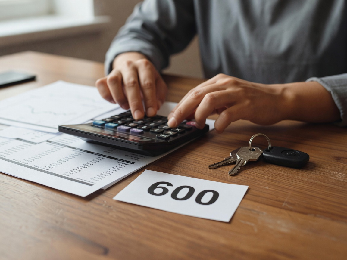 Person calculating finances with a calculator alongside car keys