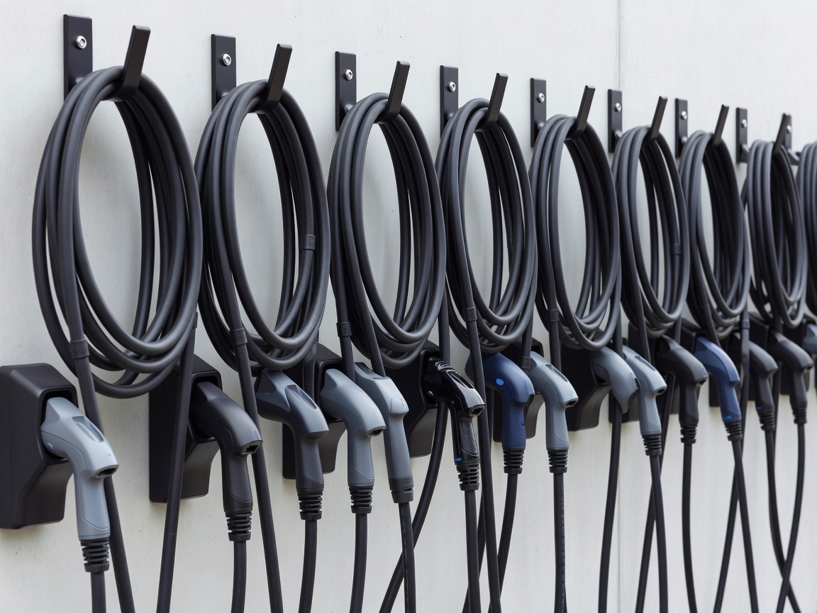 Row of electric vehicle charging cables hung neatly at a public charging station